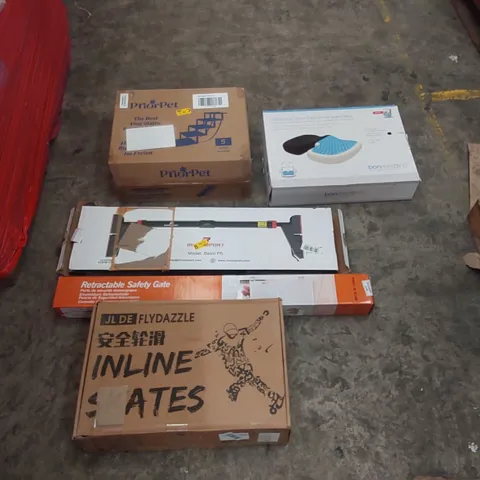 PALLET OF ASSORTED ITEMS INCLUDING: DOG STAIRS, INLINE SKATES, RETRACTABLE SAFETY GATE, CUSHION, PULL-UP BAR ECT