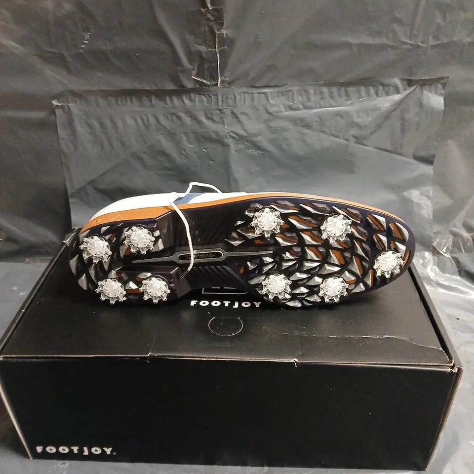FOOTJOY WHITE LEATHER GOLF SHOES WITH BLUE STRIPE – BOXED UK 11