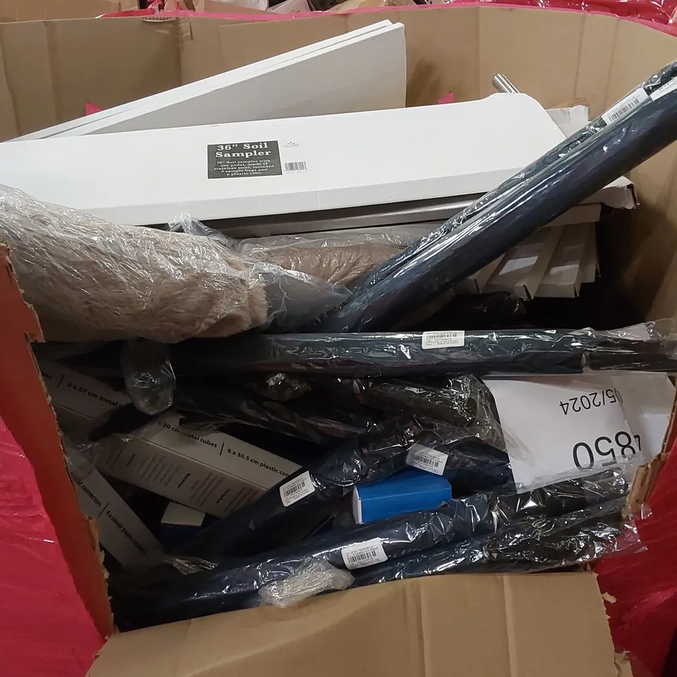 PALLET OF ASSORTED HOUSEHOLD ITEMS AND CONSUMER PRODUCTS. INCLUDING; SOIL SAMPLERS, UMBRELLAS, METAL TUBES ETC