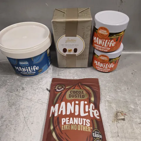 APPROXIMATELY 8 ASSORTED FOOD/DRINK PRODUCTS TO INCLUDE PEANUT BUTTER, ALMOND BUTTER, BUTLERS CHOCOLATE BOX ETC 