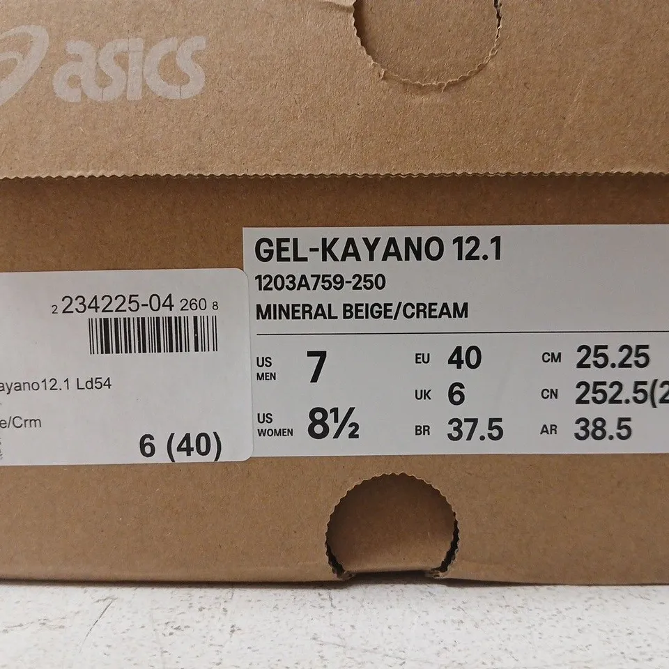BOXED PAIR OF ASICS GEL-KAYANO 12.1 MEN'S RUNNING SHOES – MINERAL BEIGE / CREAM, UK 6