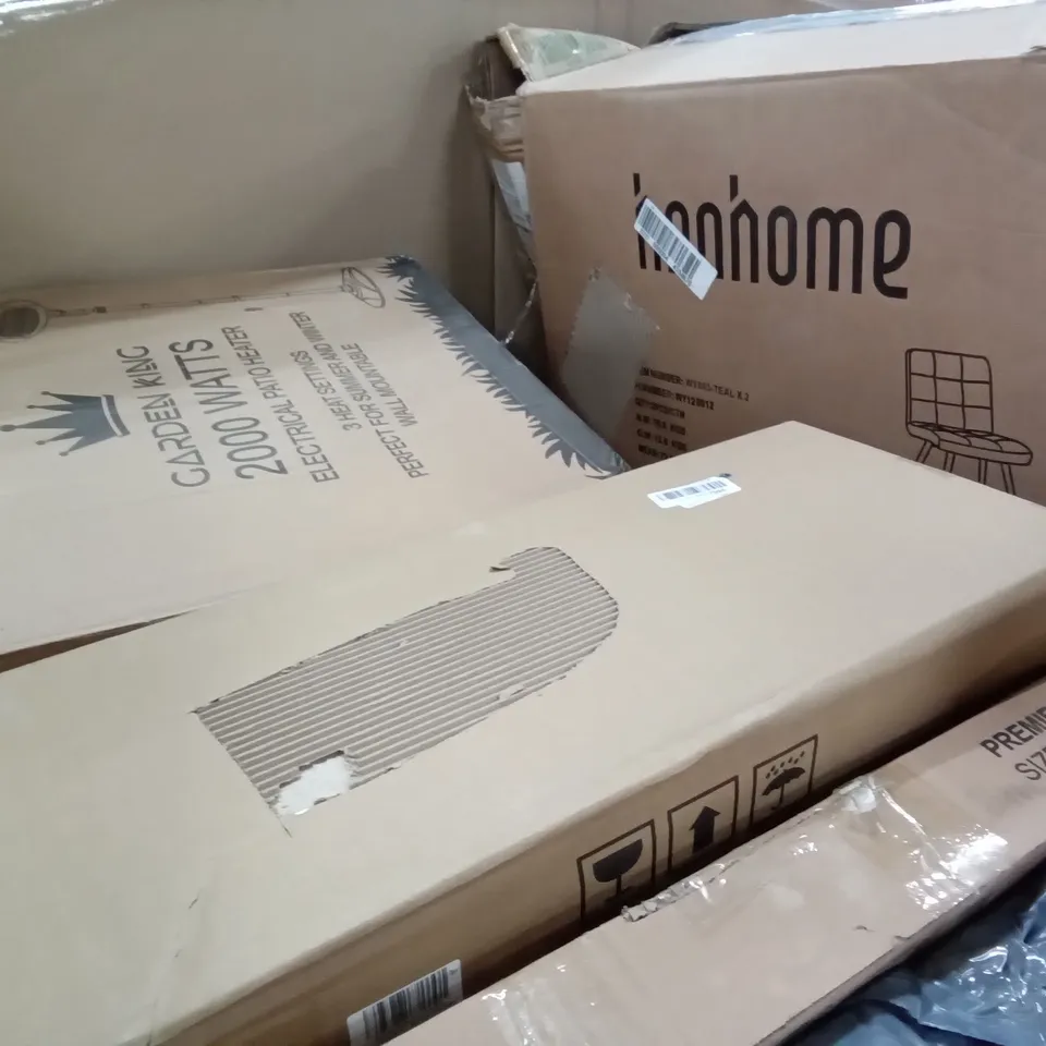 PALLET OF ASSORTED ITEMS INCLUDING RECCI BEDDING, HOMIDEC DRYING RACK, HNNHOME BAR CHAIR, SPRING LOADED TENSION ROD, GARDEN KING ELECTRIC PATIO HEATER