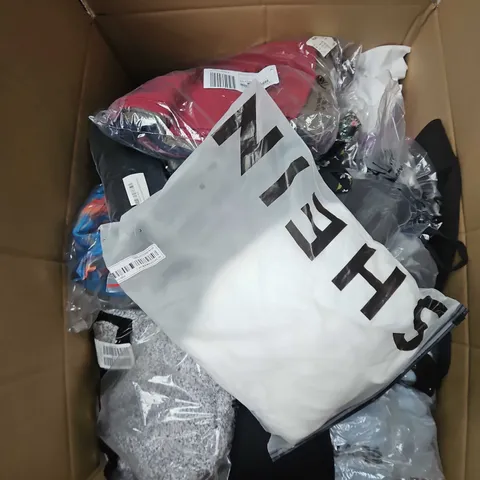 LARGE BOX OF APPROXIMATELY 20 ASSORTED CLOTHING ITEMS IN VARIOUS SIZES, STYLES AND COLOUR
