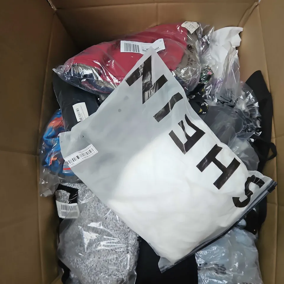 LARGE BOX OF APPROXIMATELY 20 ASSORTED CLOTHING ITEMS IN VARIOUS SIZES, STYLES AND COLOUR 