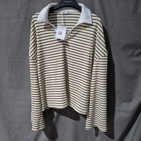 KATCH ME STRIPED KNIT POLO TOP – BEIGE & BROWN, WHITE COLLAR (WOMEN)