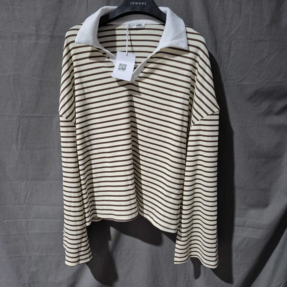 KATCH ME STRIPED KNIT POLO TOP – BEIGE & BROWN, WHITE COLLAR (WOMEN)