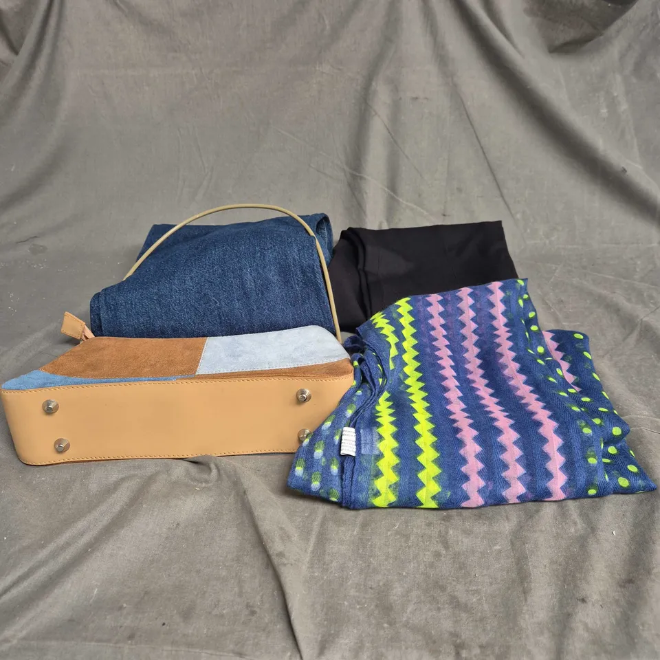 BOX OF APPROXIMATELY 18 ASSORTED CLOTHING ITEMS TO INCLUDE JEANS, BLACK TROUSERS, HANDBAG, SCARF ETC