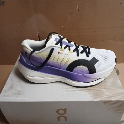 ON RUNNING TRAINERS – WHITE WITH PURPLE GRADIENT MIDSOLE, BOXED UK 6
