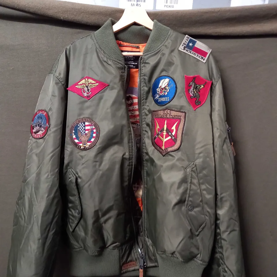 TOP GUN TYPE MA-1 JACKET WITH ORANGE LINING IN KHAKI GREEN - 2XL