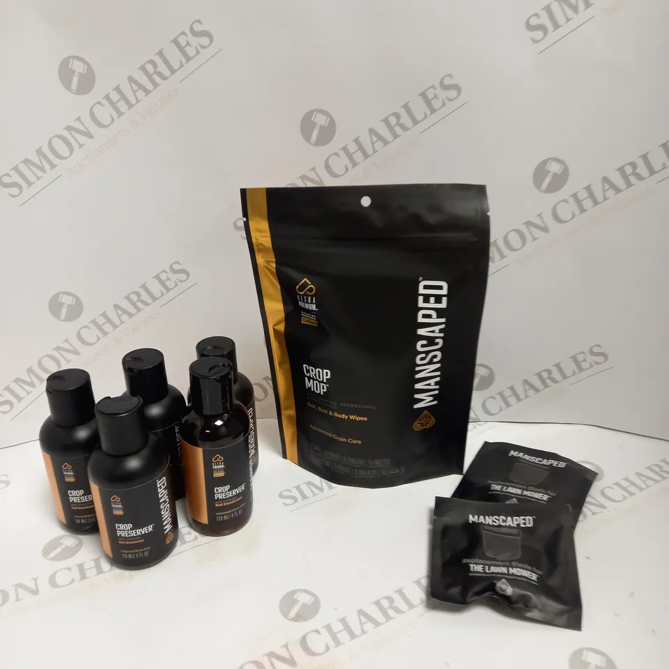 BOX OF 8 ASSORTED MANSCAPED PRODUCTS TO INCLUDE CROP MOP, CROP PRESERVER, & REPLACEMENT SHAVER HEADS 