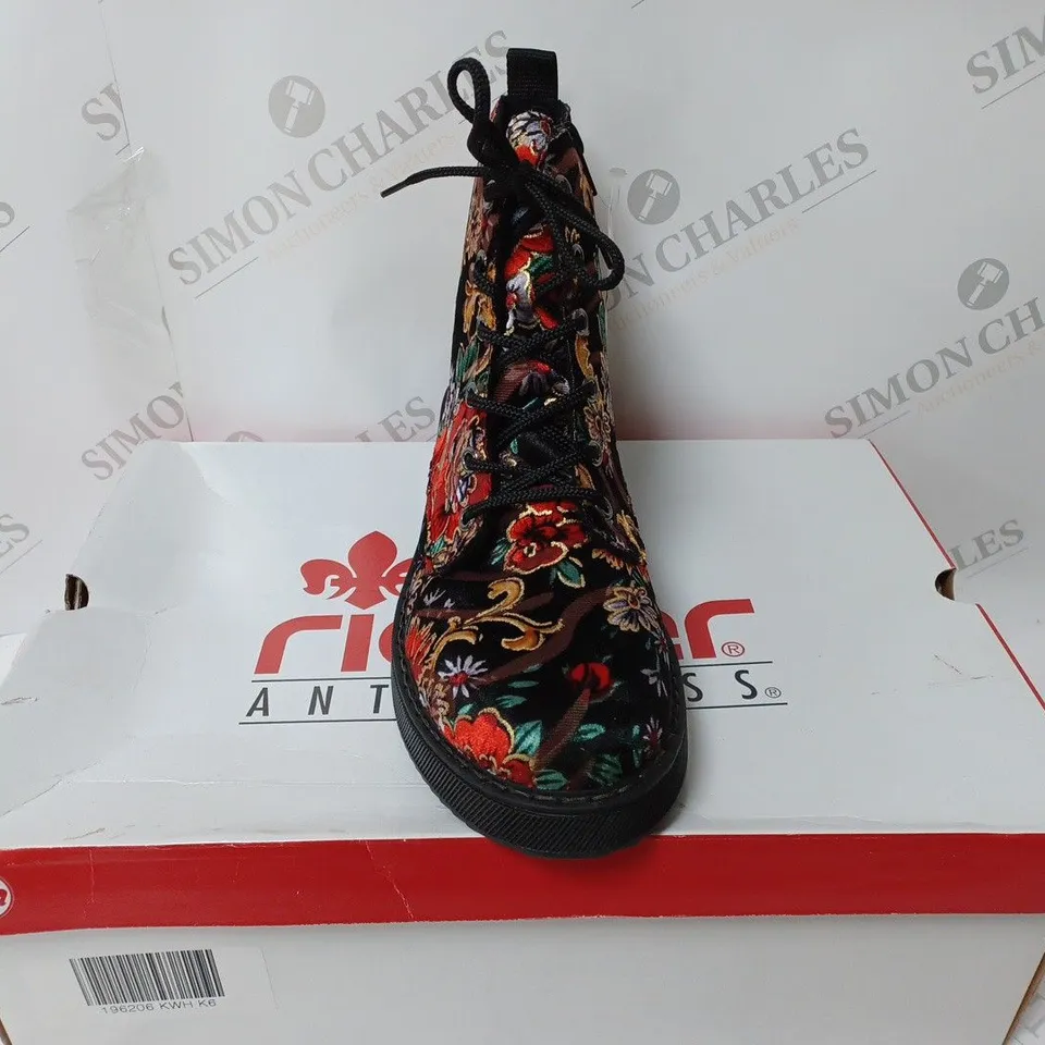 BOXED PAIR OF RIEKER LACE UP BOOTS MULTI/FLORAL PATTERN - SIZE 6 