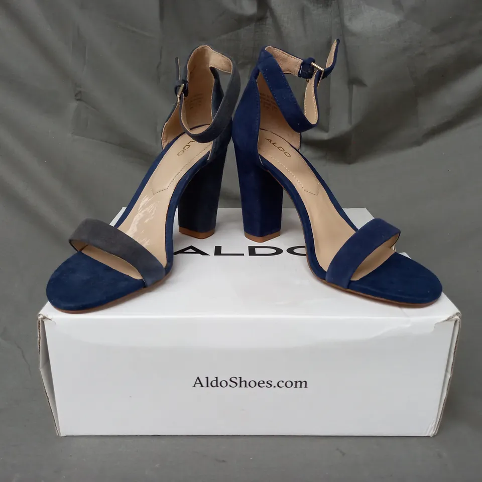 BOXED PAIR OF ALDO JERAYCLYA OPEN TOE BLOCK HEEL SANDALS IN NAVY UK SIZE 3