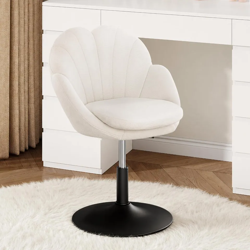 BOXED HZUANERI 360° SWIVEL DRESSING TABLE CHAIR WITH BACKREST, HEIGHT ADJUSTABLE ,TEDDY VELVET, OFF-WHITE VS33003M