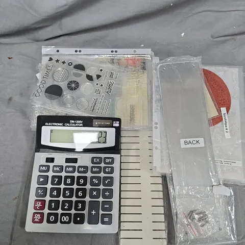 BOX OF ASSORTED ITEMS TO INCLUDE - CALCULATE - STICKERS - PEN  
