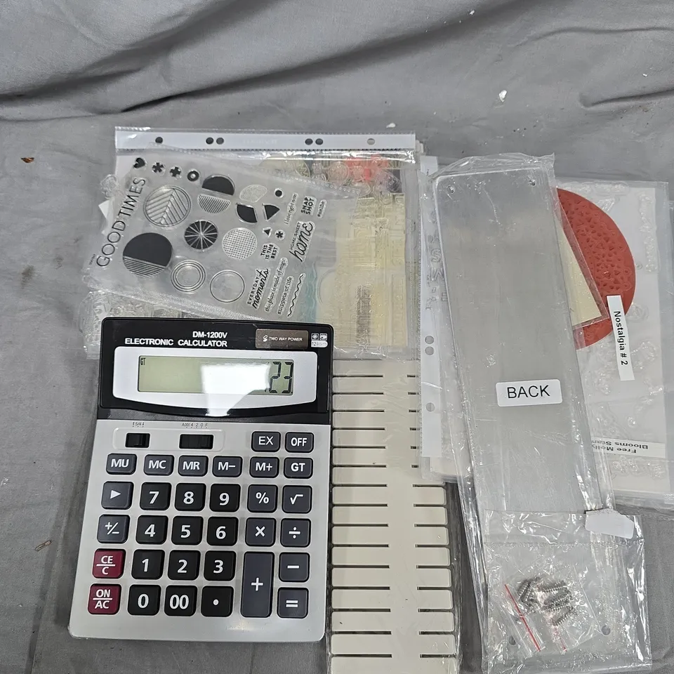 BOX OF ASSORTED ITEMS TO INCLUDE - CALCULATE - STICKERS - PEN  