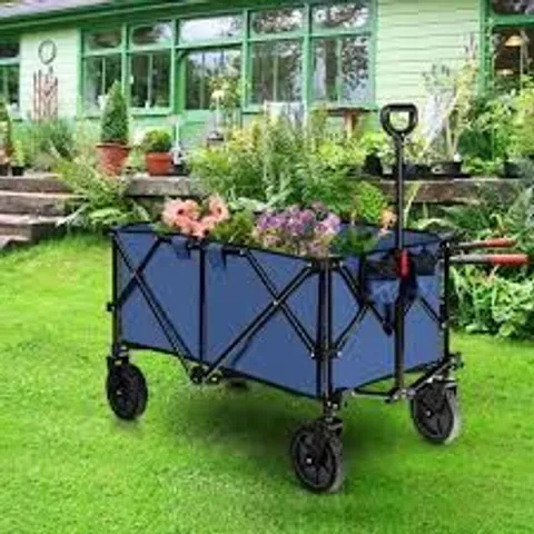 BOXED COSTWAY FOLDING COLLAPSIBLE WAGON UTILITY CAMPING CART WITH WHEELS & ADJUSTABLE HANDLE - BLUE