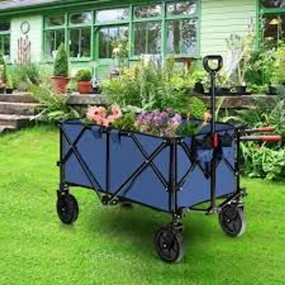 BOXED COSTWAY FOLDING COLLAPSIBLE WAGON UTILITY CAMPING CART WITH WHEELS & ADJUSTABLE HANDLE - BLUE