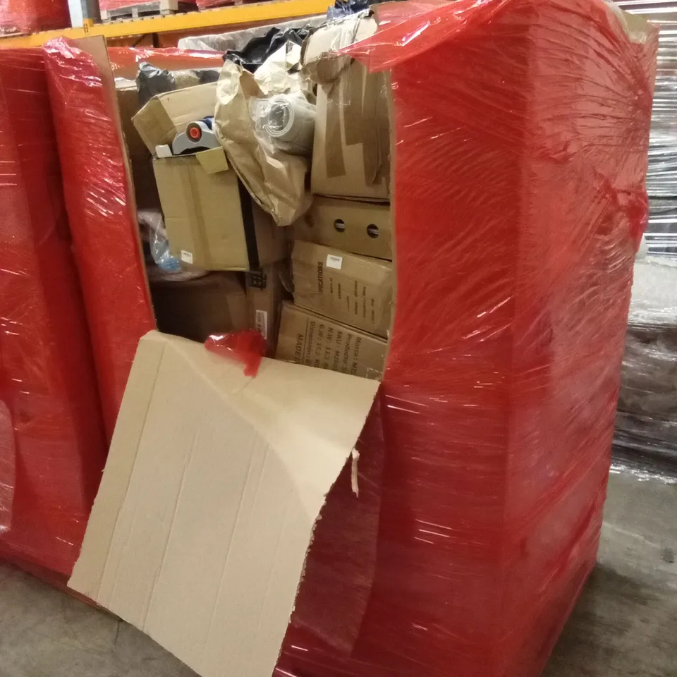 PALLET OF ASSORTED HOUSEHOLD GOODS AND PRODUCTS TO INCLUDE; GARDEN SPRINKLER, AIR COOLER, BOXED FURNITURE ETC
