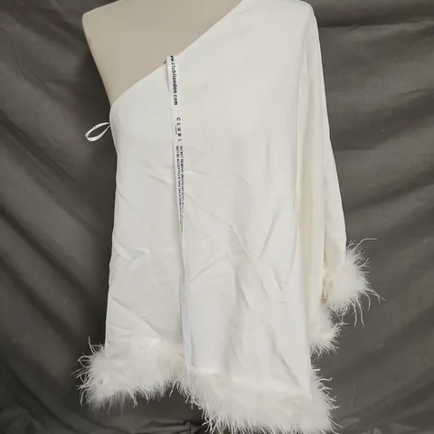 CLUB LONDON EPIPHANY ONE SHOULDER CAPE SLEEVE MINI DRESS IN WHITE FEATHERS SIZE 14