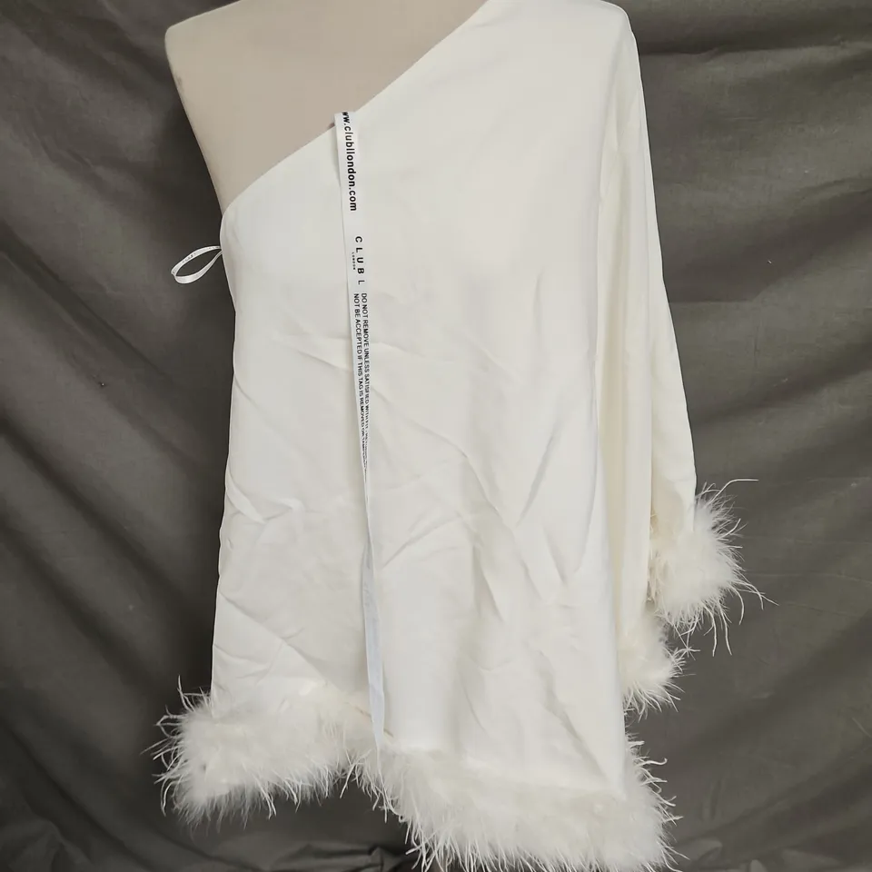 CLUB LONDON EPIPHANY ONE SHOULDER CAPE SLEEVE MINI DRESS IN WHITE FEATHERS SIZE 14