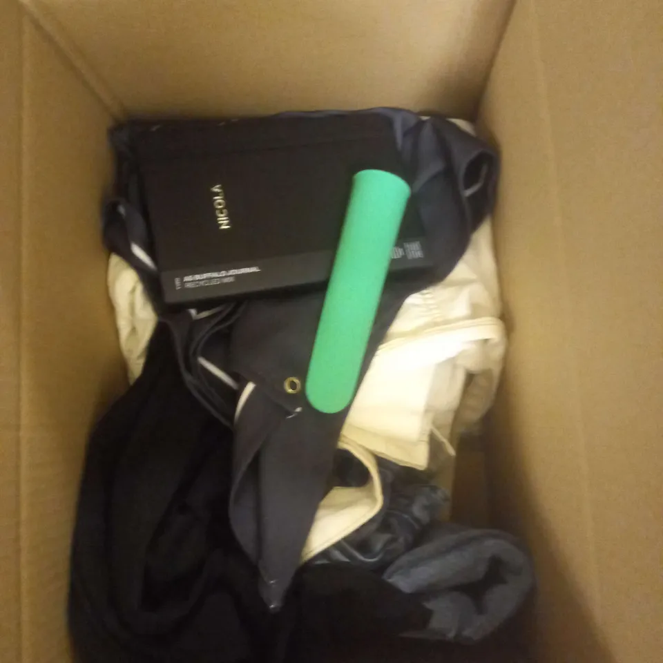 BOX OF APPROXIMATELY 15 ASSORTED HOUSEHOLD/CLOTHING ITEMS TO INCLUDE TOPS, JEANS, METAL CUPS ETC