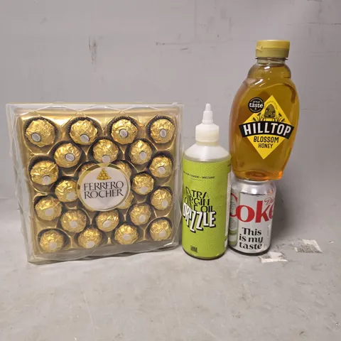 APPROXIMATELY 10 ASSORTED FOOD & DRINK ITEMS TO INCLUDE - DIET COKE  , HILLTOP BLOSSOM HONEY , FERRERO ROCHER ETC