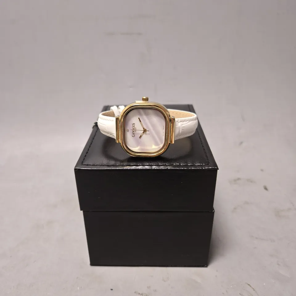BOXED GAMAGES LADIES MIRROR WATCH IN GOLD WHITE