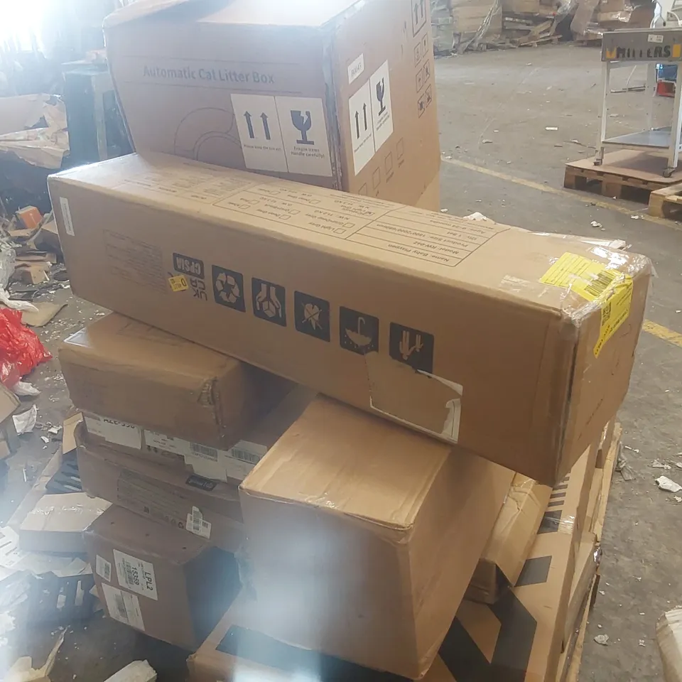 PALLET CONTAINING A LARGE QUANTITY OF ASSORTED ITEMS INCLUDING: STEAM CLEANER, AUTOMATIC CAT LITTER BOX, MONITOR ECT