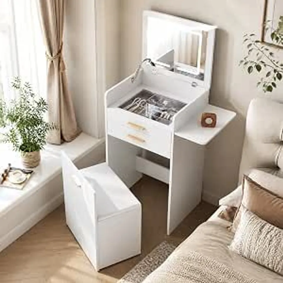 BOXED WOLTU SMALL DRESSING TABLE WITH LED MIRROR AND STOOL, COMPACT VANITY SET