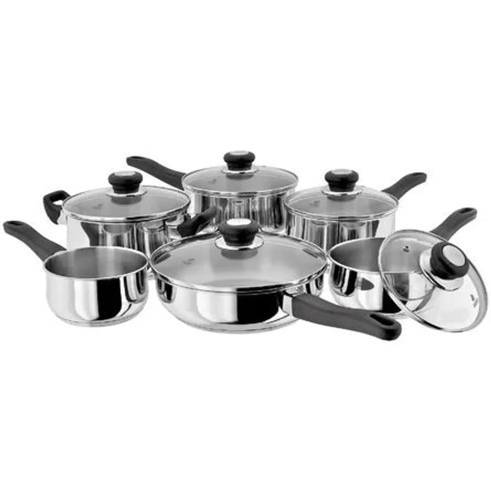 BOXED JUDGE VISTA 6 PIECE STAINLESS STEEL PAN SET WITH GLASS LIDS, 14CM MILK PAN, 16/18/20CM SAUCEPANS/ 24CM SAUTE PAN/ 20CM CASSEROLE (1 BOX)