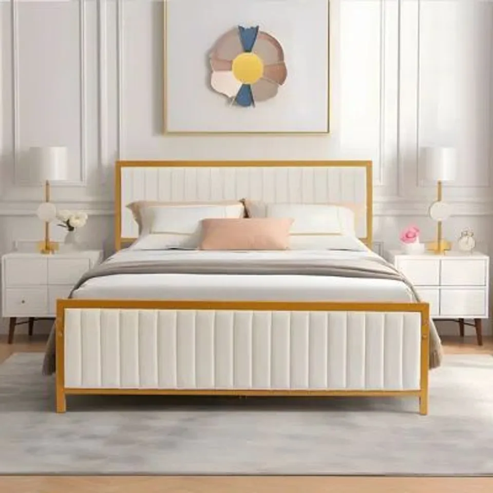 BOXED METAL PLATFORM BED FRAME WITH UPHOLSTERED HEADBOARD AND FOOTBOARD // SIZE UNSPECIFIED (1 BOX)