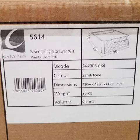 PALLET CONTAINING 2 BRAND NEW CALYPSO SAVENA SINGLE DRAWER WH VANITY UNIT 710 780W×420H×600D MM - SANDSTONE 