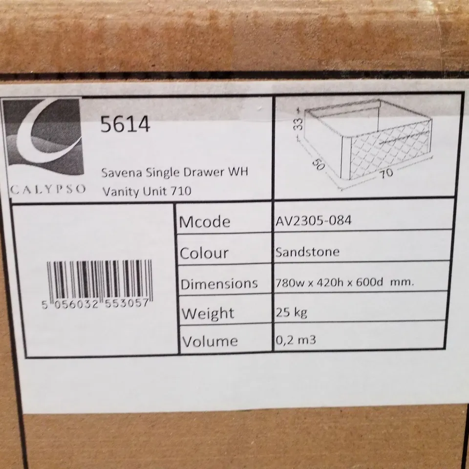 PALLET CONTAINING 2 BRAND NEW CALYPSO SAVENA SINGLE DRAWER WH VANITY UNIT 710 780W×420H×600D MM - SANDSTONE 