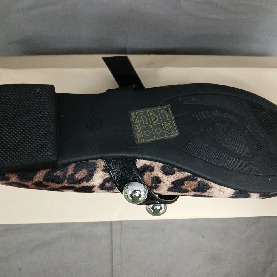 BOXED PAIR OF JOIA LEOPARD STUDDED STRAP BALLET PUMPS SIZE EU 36