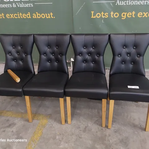 SET OF FOUR BUTTONED BACK UPHOLSTERED DINING CHAIRS BLACK PU ON NATURAL WOOD LEGS 