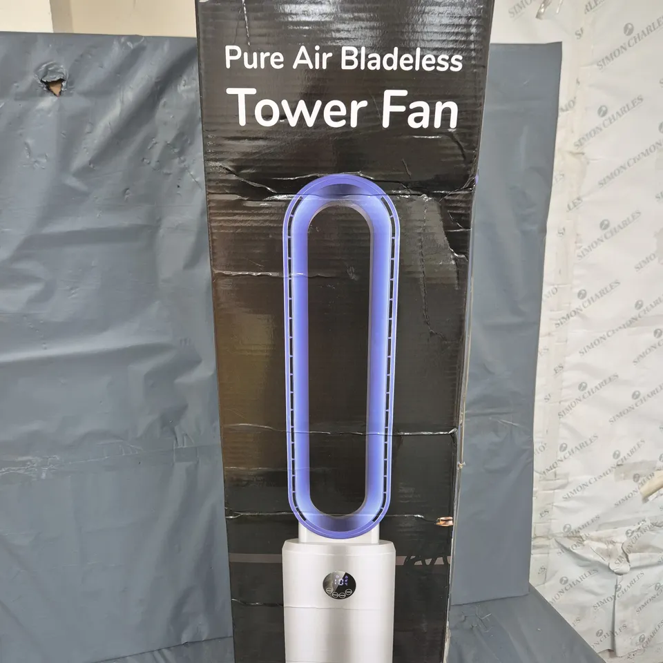 BOXED BLISS & BEYOND PURE AIR BLADELESS TOWER FAN IN WHITE/BLUE