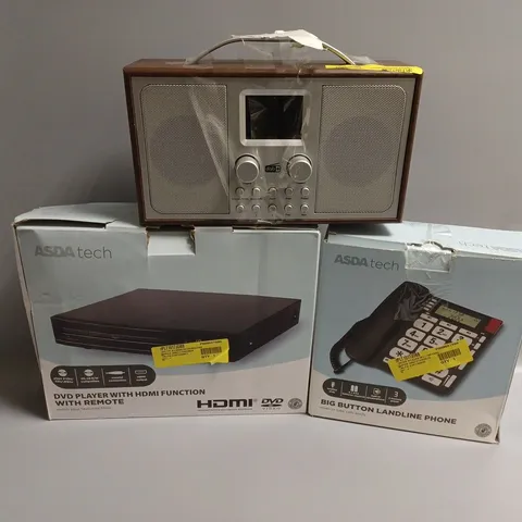 APPROXIMATELY 20 ASSORTED TECH PRODUCTS TO INCLUDE DAB+ RADIO, DVD PLAYER, BIG BUTTON LANDLINE PHONE