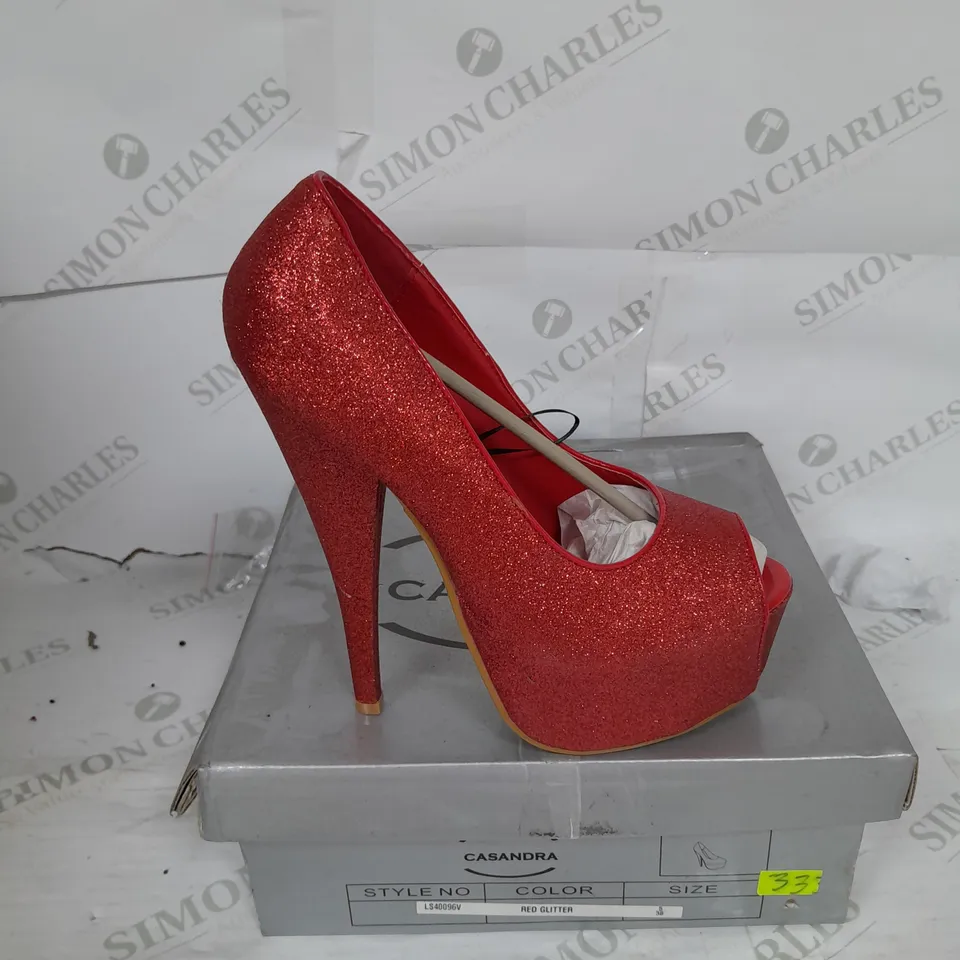 BOXED PAIR OF CASANDRA PLATFORM STILLETO HEEL OPEN TOE IN RED GLITTER SIZE 5