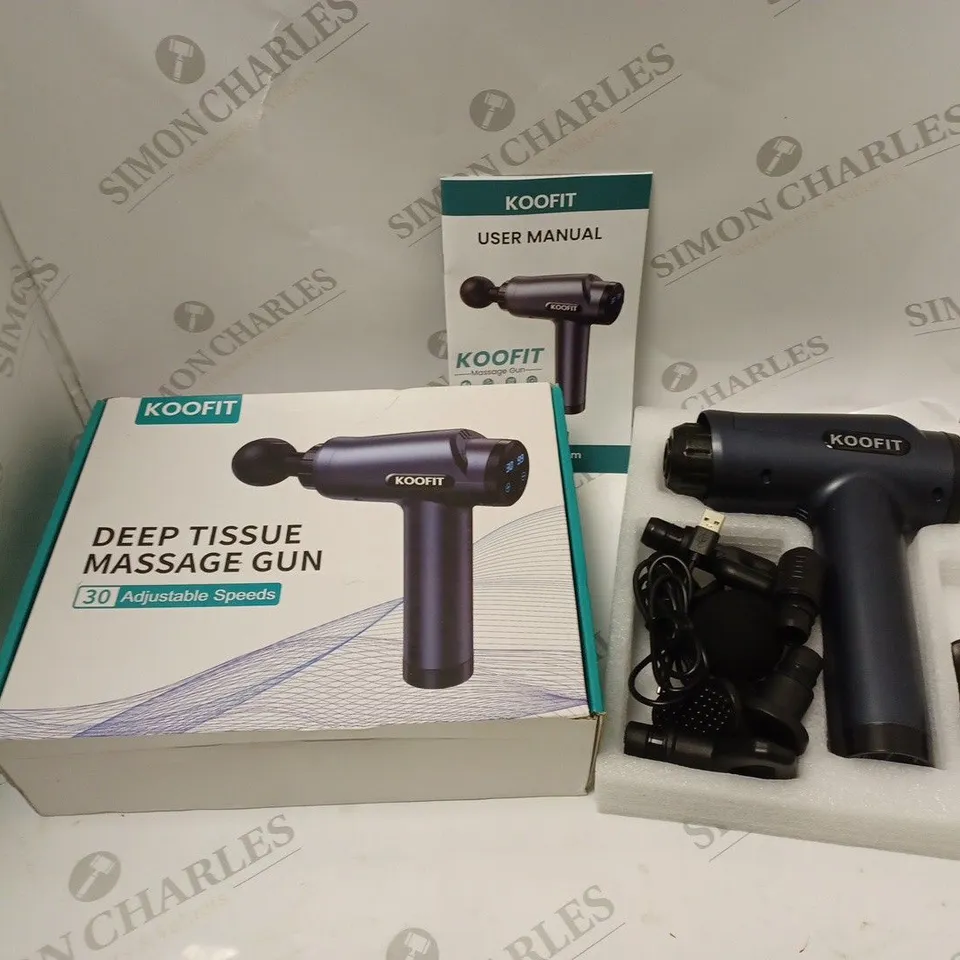BOXED KOOFIT DEEP TISSUE MASSAGE GUN WITH ACCESSORIES, USB CABLE AND USER MANUAL