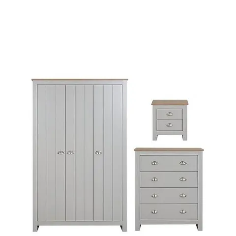 BOXED ATLANTA 3 PIECE PACKAGE - 3 DOOR WARDROBE, 4 DRAWER CHEST AND 2 DRAWER BEDSIDE TABLE - LIGHT GREY/OAK (3 BOXES)