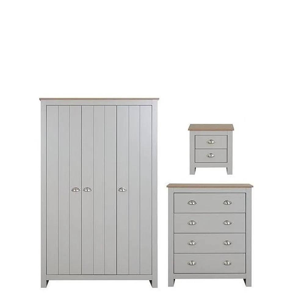 BOXED ATLANTA 3 PIECE PACKAGE - 3 DOOR WARDROBE, 4 DRAWER CHEST AND 2 DRAWER BEDSIDE TABLE - GREY/OAK (3 BOXES)