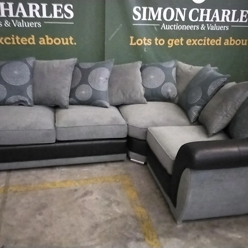 DESIGNER SHANNON VIPER BLACK AND GRACELANDS GREY CORNER SOFA WITH SCATTER CUSHIONS