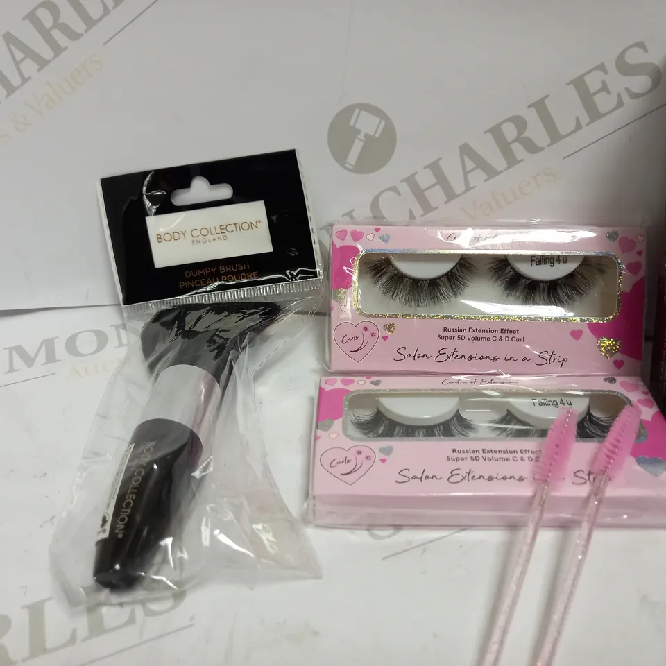 LOT OF APPROX 7 TO INCLUDE BODY COLLECTION BRUSH , SHEGLAM FOUNDATION , LASHES , ETC