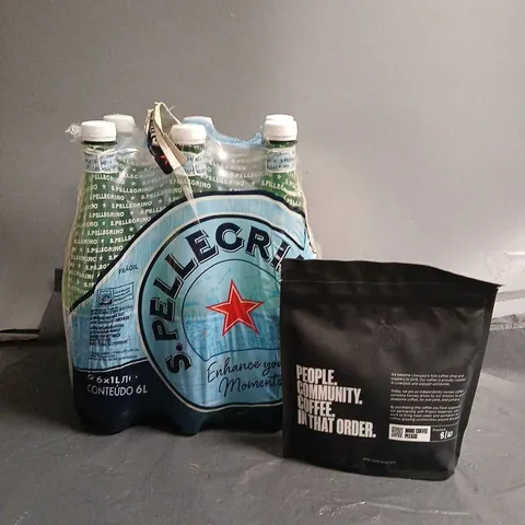 TOTE OF APPROX 7 ASSORTED FOOD ITEMS TO INCLUDE  - S.PELLEGRINO MINERAL WATER & CONNECTED COFFEE CO GROUND COFFEE 