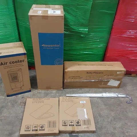 PALLET OF ASSORTED CONSUMER PRODUCTS TO INCLUDE: MEMORY FOAM DOUBLE MATTRESS TOPPER, AIR COOLER, BABY PLAYPEN, TOILET SEAT COVERS, UMBRELLA ECT