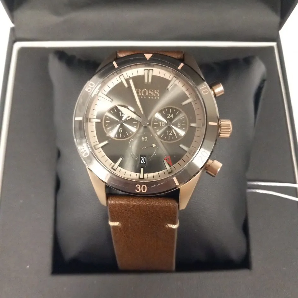 BOXED HUGO BOSS BROWN STRAP WRIST WATCH