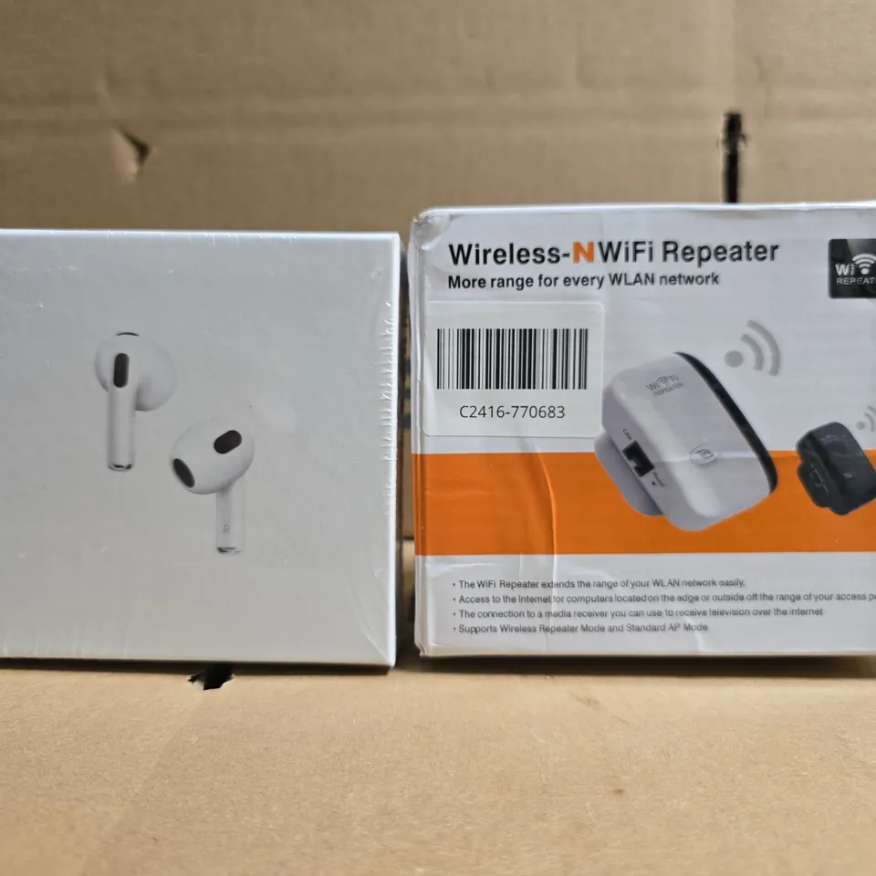 APPROXIMATELY 10 ASSORTED HOUSEHOLD ITEMS TO INCLUDE WIRELESS WI-FI REPEATER, UNBRANDED WIRELESS EARBUDS, ETC