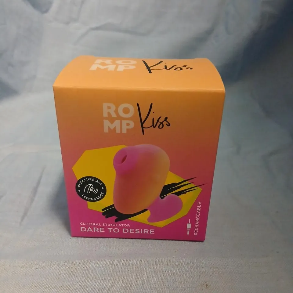 ROMP KISS CLITORAL STIMULATOR – RECHARGEABLE, PINK/ORANGE BOXED