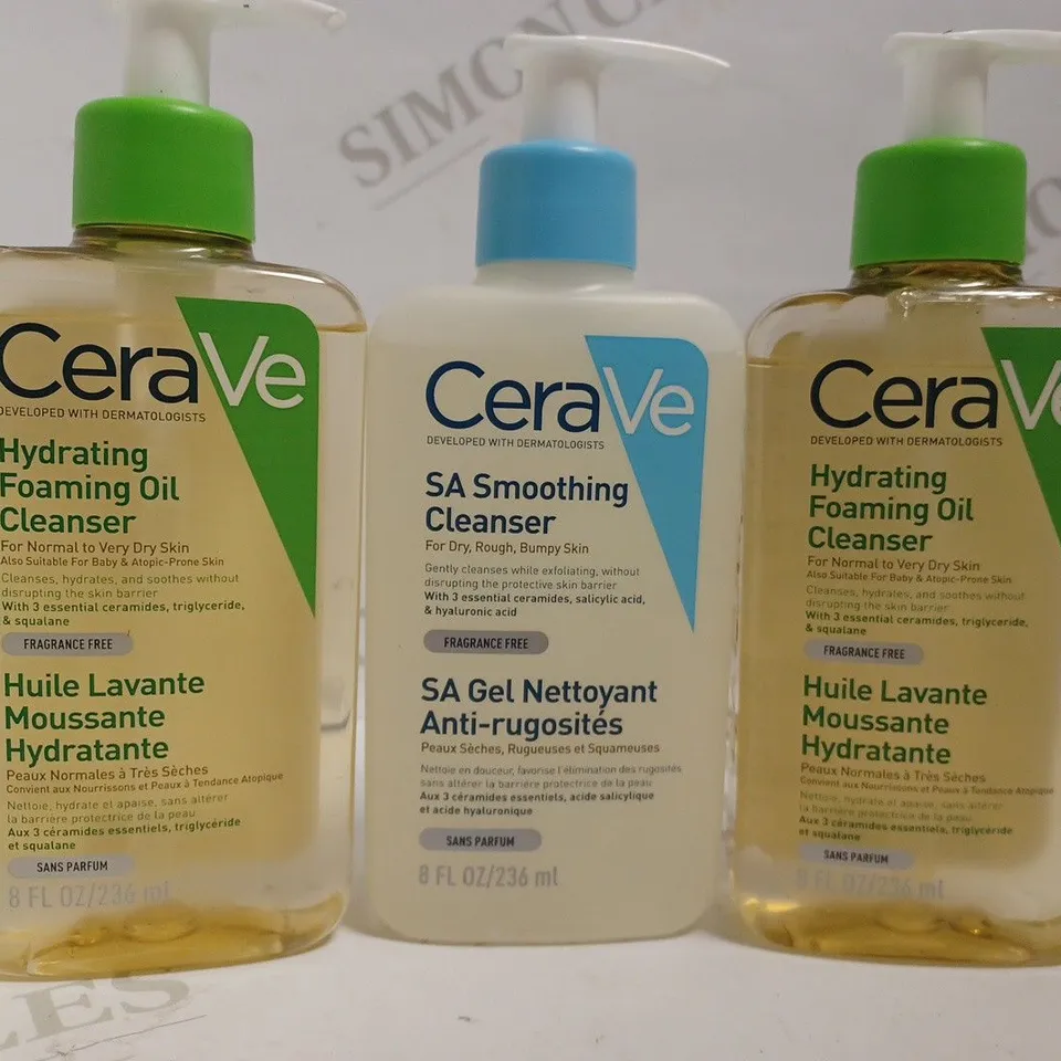 3 CERAVE ITEMS INCLUDING FOAMING OIL CLEANSER AND SMOOTHING CLEANSER - 3X236ML