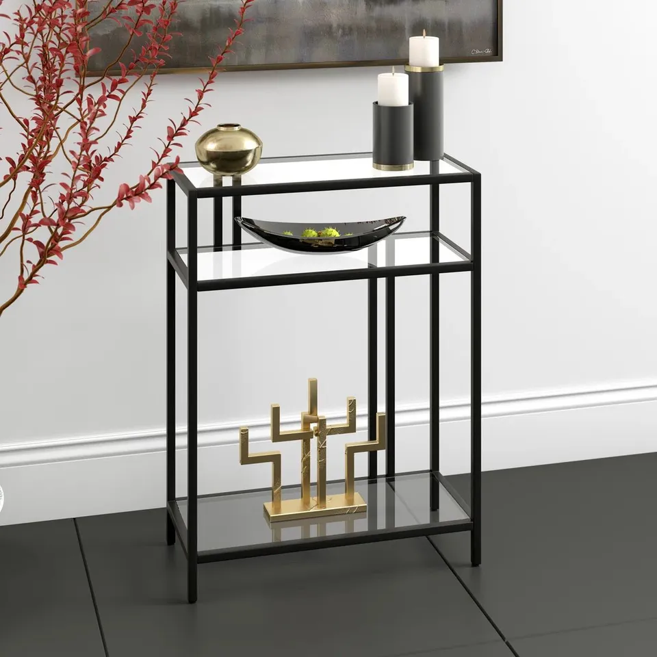 BOXED ADAMSVILLE 55.9cm GLASS TOP CONSOLE TABLE - BLACK/BRONZE (1 BOX)